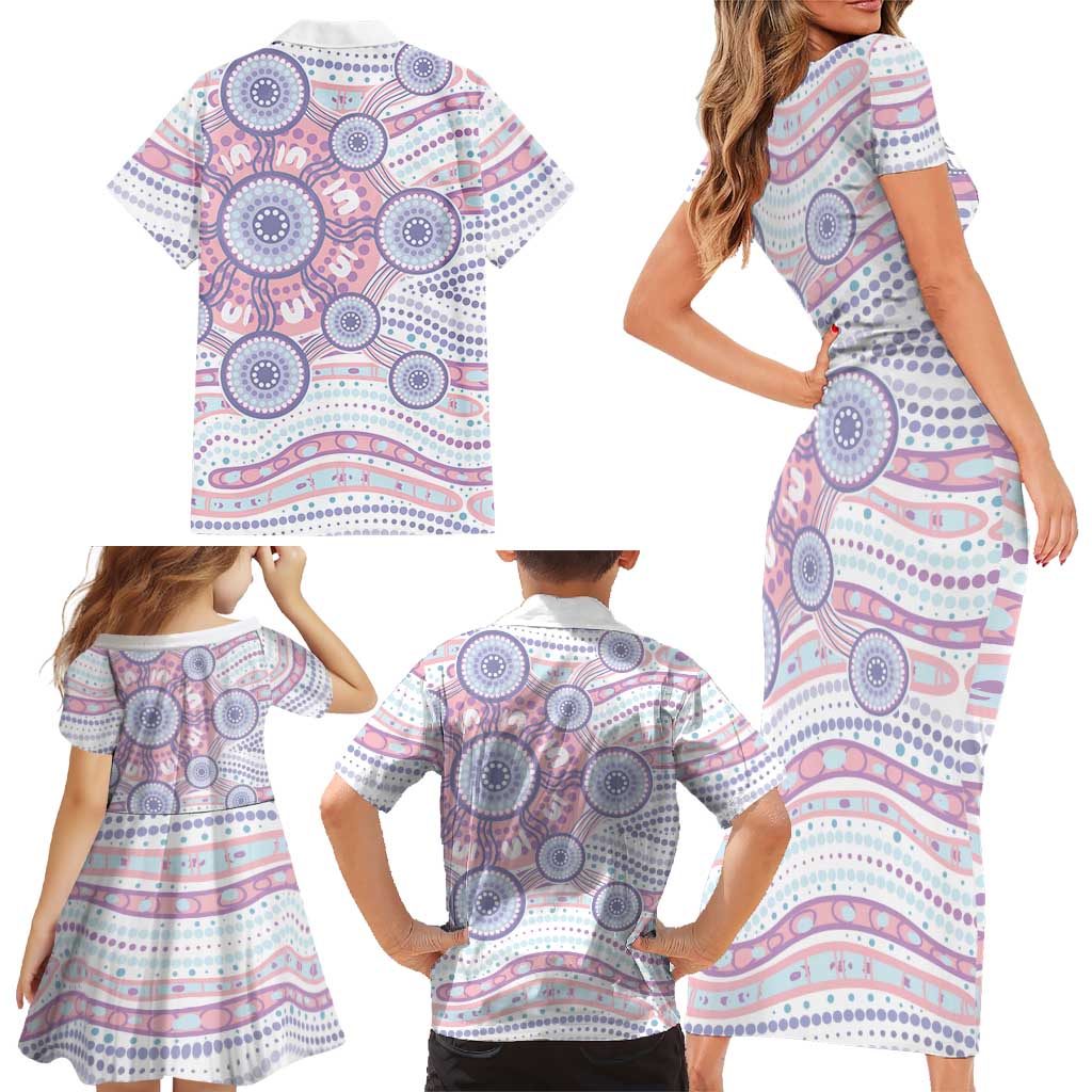 Australian Indigenous Aboriginal Art Family Matching Short Sleeve Bodycon Dress and Hawaiian Shirt Vivid Pastel Peach Purple
