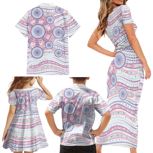 Australian Indigenous Aboriginal Art Family Matching Short Sleeve Bodycon Dress and Hawaiian Shirt Vivid Pastel Peach Purple