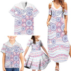 Australian Indigenous Aboriginal Art Family Matching Summer Maxi Dress and Hawaiian Shirt Vivid Pastel Peach Purple