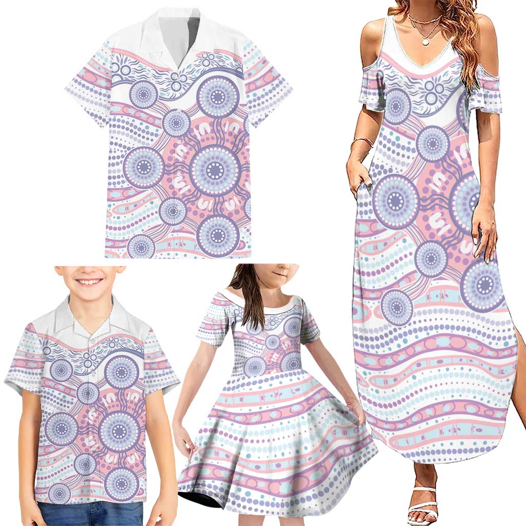 Australian Indigenous Aboriginal Art Family Matching Summer Maxi Dress and Hawaiian Shirt Vivid Pastel Peach Purple