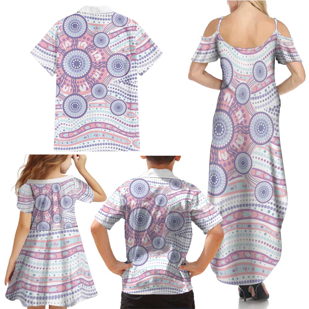Australian Indigenous Aboriginal Art Family Matching Summer Maxi Dress and Hawaiian Shirt Vivid Pastel Peach Purple