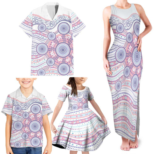 Australian Indigenous Aboriginal Art Family Matching Tank Maxi Dress and Hawaiian Shirt Vivid Pastel Peach Purple