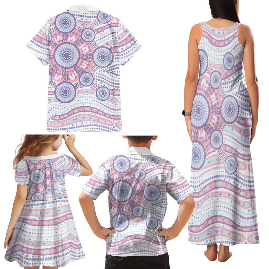 Australian Indigenous Aboriginal Art Family Matching Tank Maxi Dress and Hawaiian Shirt Vivid Pastel Peach Purple