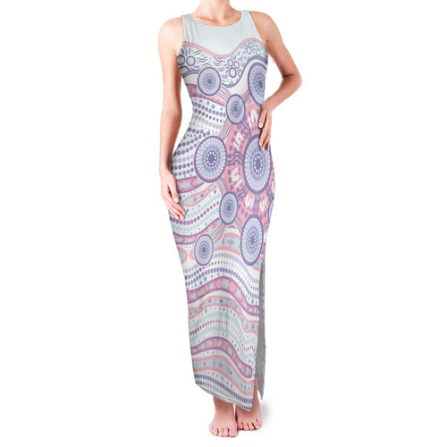 Australian Indigenous Aboriginal Art Family Matching Tank Maxi Dress and Hawaiian Shirt Vivid Pastel Peach Purple