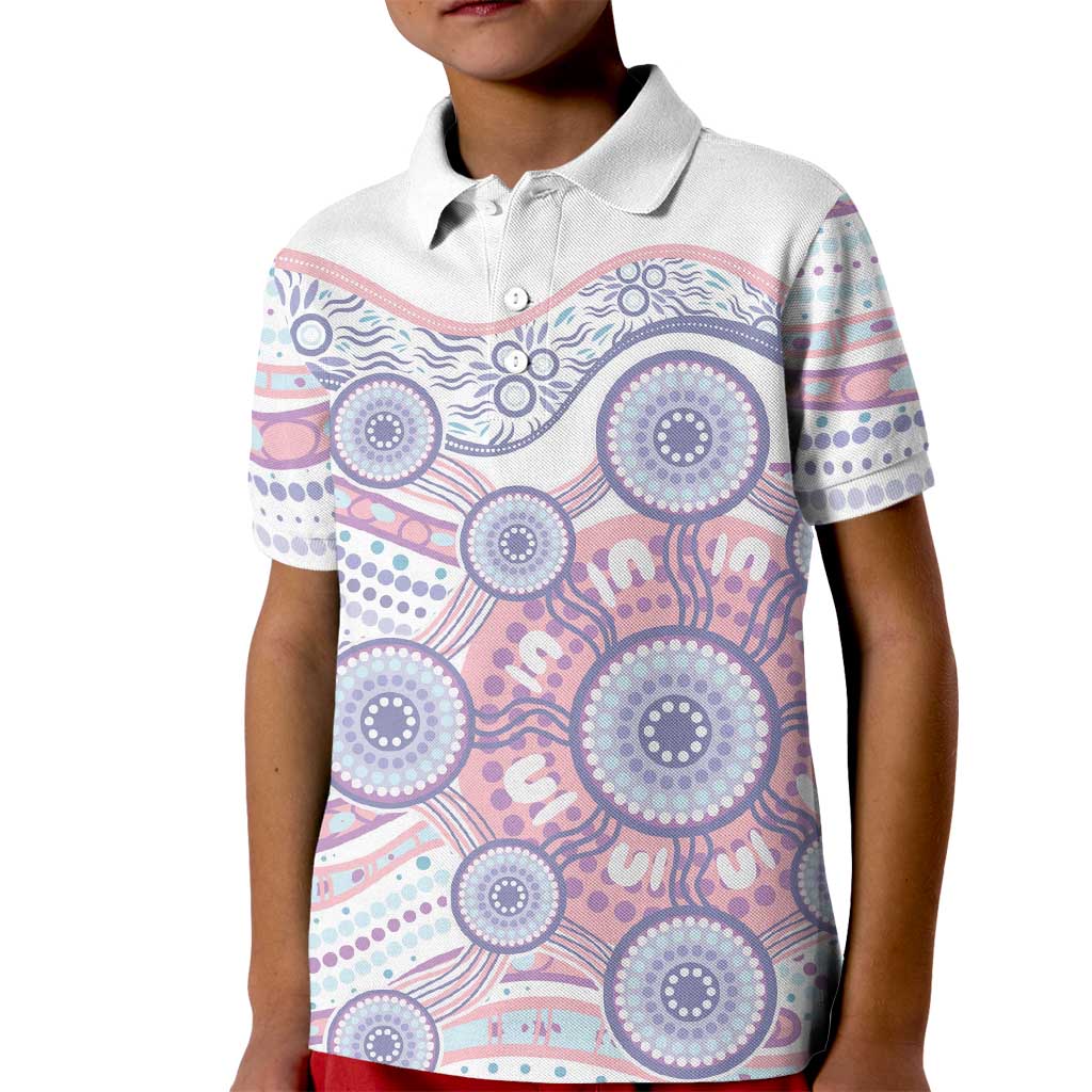 Australian Indigenous Aboriginal Art Kid Polo Shirt Vivid Pastel Peach Purple