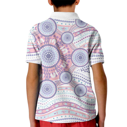Australian Indigenous Aboriginal Art Kid Polo Shirt Vivid Pastel Peach Purple