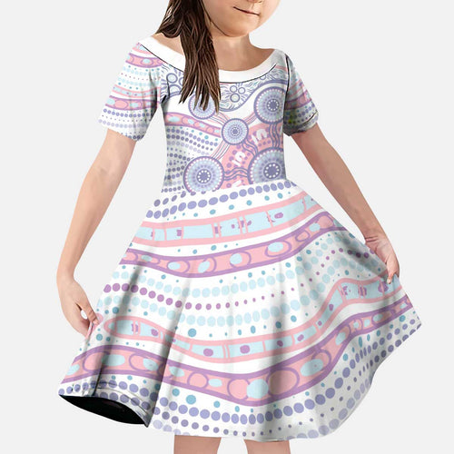 Australian Indigenous Aboriginal Art Kid Short Sleeve Dress Vivid Pastel Peach Purple