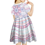 Australian Indigenous Aboriginal Art Kid Short Sleeve Dress Vivid Pastel Peach Purple