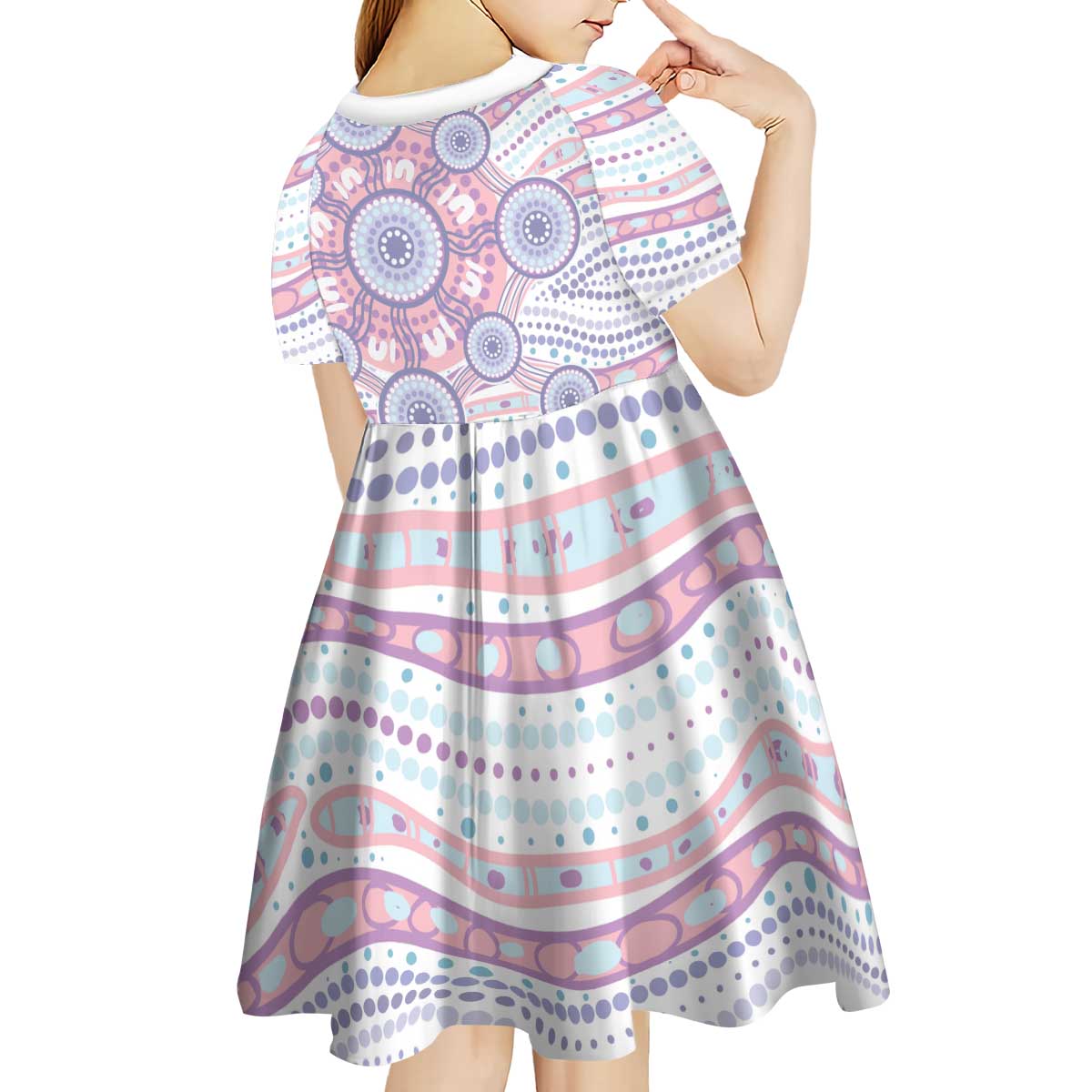 Australian Indigenous Aboriginal Art Kid Short Sleeve Dress Vivid Pastel Peach Purple