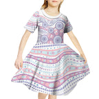 Australian Indigenous Aboriginal Art Kid Short Sleeve Dress Vivid Pastel Peach Purple