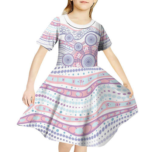 Australian Indigenous Aboriginal Art Kid Short Sleeve Dress Vivid Pastel Peach Purple