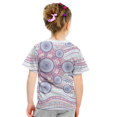 Australian Indigenous Aboriginal Art Kid T Shirt Vivid Pastel Peach Purple