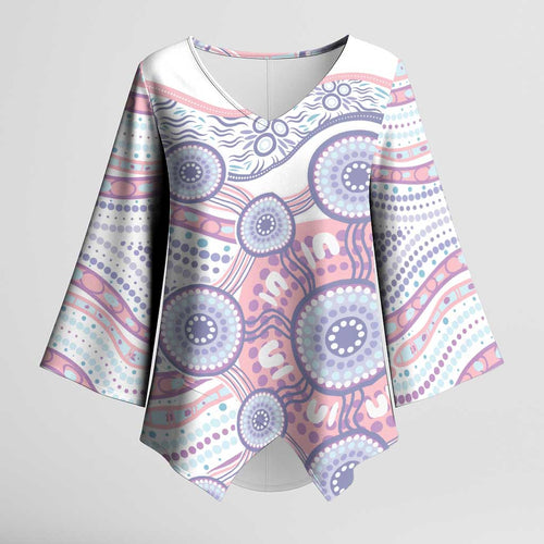 Australian Indigenous Aboriginal Art Kimono Sleeve Blouse Vivid Pastel Peach Purple
