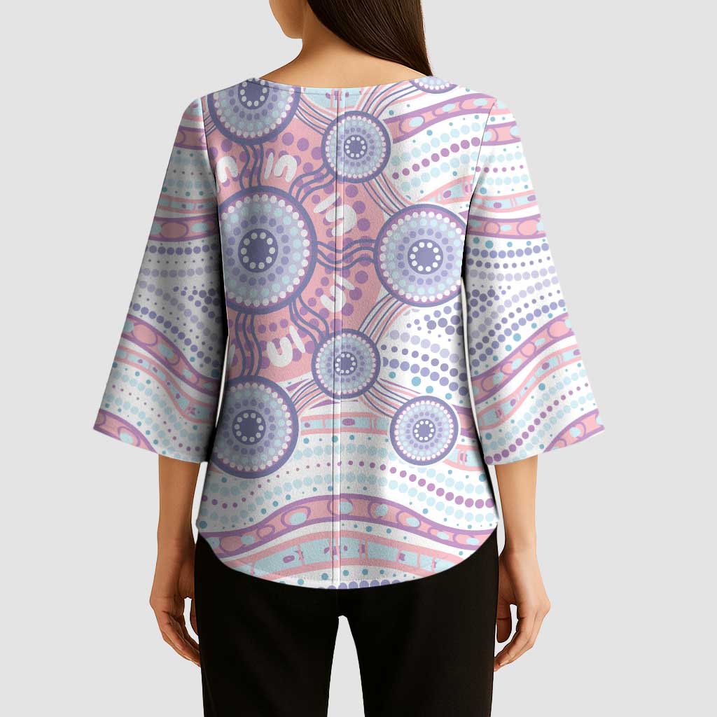 Australian Indigenous Aboriginal Art Kimono Sleeve Blouse Vivid Pastel Peach Purple