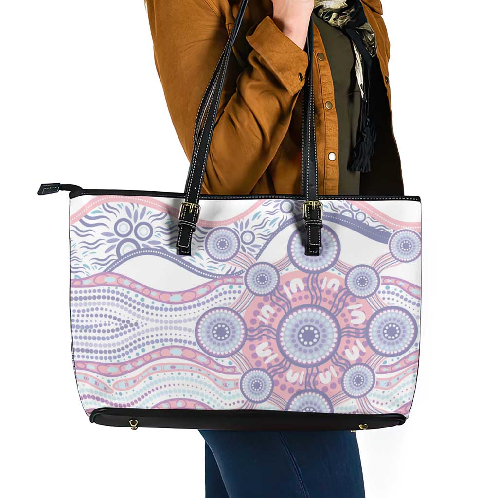 Australian Indigenous Aboriginal Art Leather Tote Bag Vivid Pastel Peach Purple