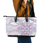 Australian Indigenous Aboriginal Art Leather Tote Bag Vivid Pastel Peach Purple