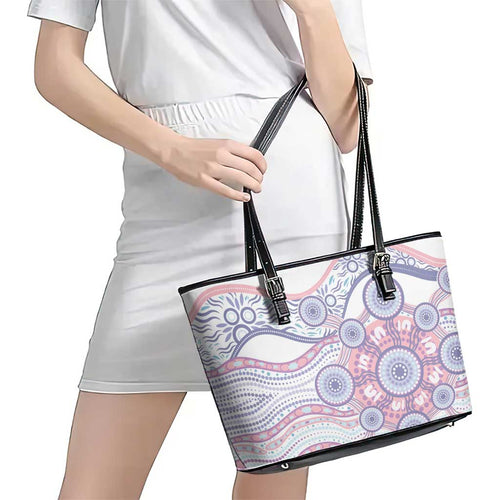 Australian Indigenous Aboriginal Art Leather Tote Bag Vivid Pastel Peach Purple