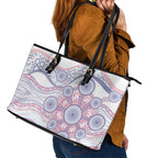 Australian Indigenous Aboriginal Art Leather Tote Bag Vivid Pastel Peach Purple