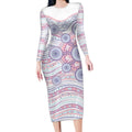 Australian Indigenous Aboriginal Art Long Sleeve Bodycon Dress Vivid Pastel Peach Purple