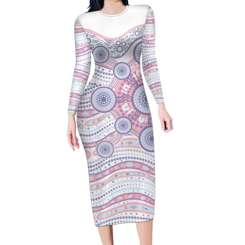 Australian Indigenous Aboriginal Art Long Sleeve Bodycon Dress Vivid Pastel Peach Purple