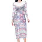 Australian Indigenous Aboriginal Art Long Sleeve Bodycon Dress Vivid Pastel Peach Purple