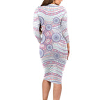 Australian Indigenous Aboriginal Art Long Sleeve Bodycon Dress Vivid Pastel Peach Purple