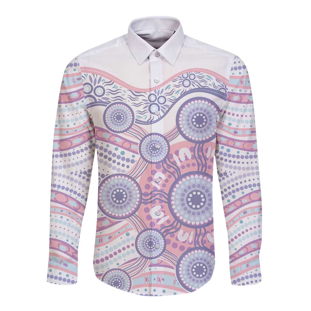 Australian Indigenous Aboriginal Art Long Sleeve Button Shirt Vivid Pastel Peach Purple