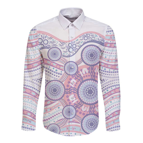Australian Indigenous Aboriginal Art Long Sleeve Button Shirt Vivid Pastel Peach Purple