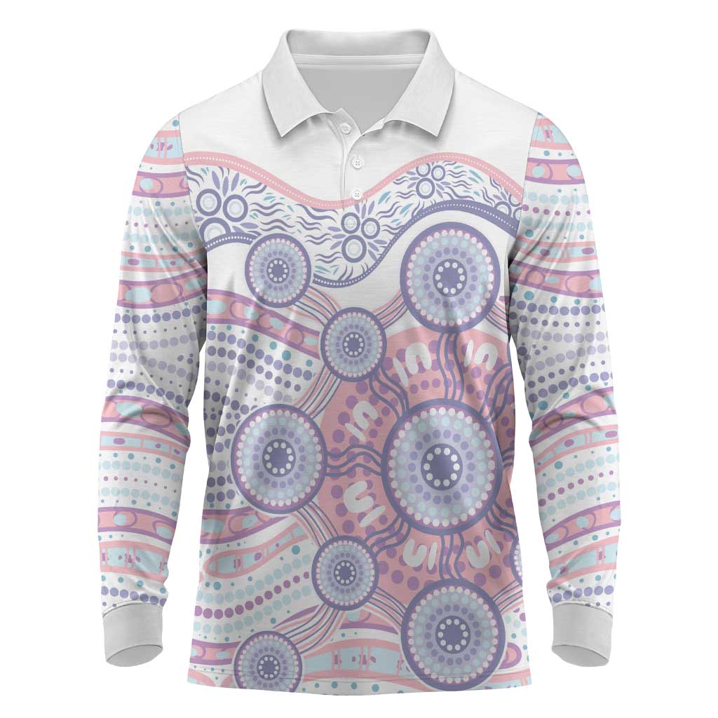 Australian Indigenous Aboriginal Art Long Sleeve Polo Shirt Vivid Pastel Peach Purple