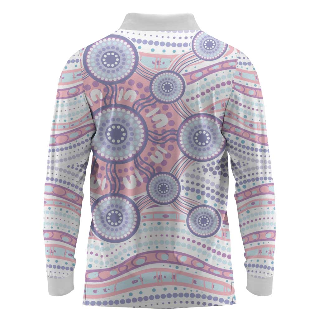 Australian Indigenous Aboriginal Art Long Sleeve Polo Shirt Vivid Pastel Peach Purple
