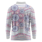 Australian Indigenous Aboriginal Art Long Sleeve Polo Shirt Vivid Pastel Peach Purple