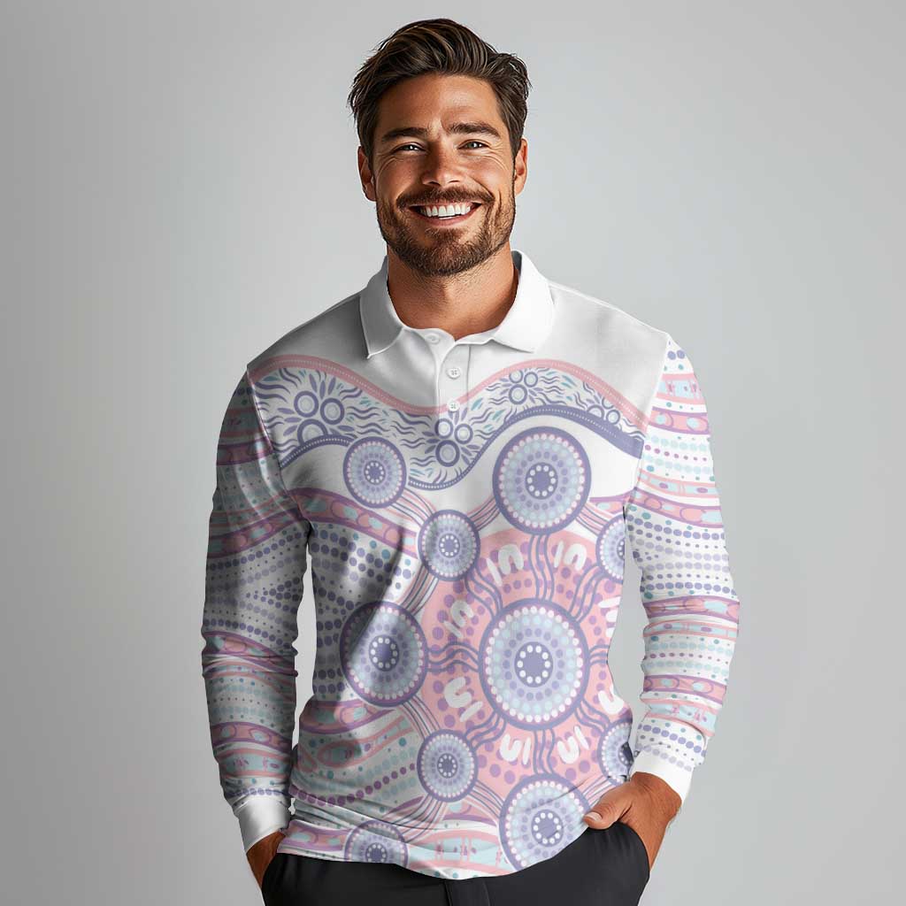 Australian Indigenous Aboriginal Art Long Sleeve Polo Shirt Vivid Pastel Peach Purple