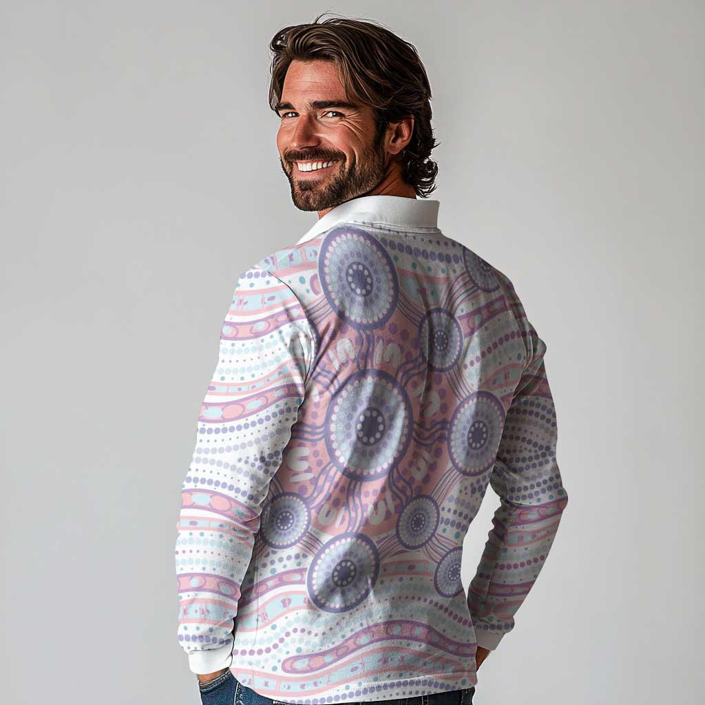 Australian Indigenous Aboriginal Art Long Sleeve Polo Shirt Vivid Pastel Peach Purple
