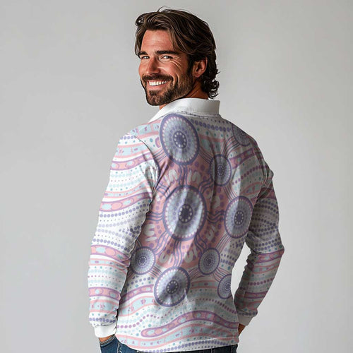 Australian Indigenous Aboriginal Art Long Sleeve Polo Shirt Vivid Pastel Peach Purple