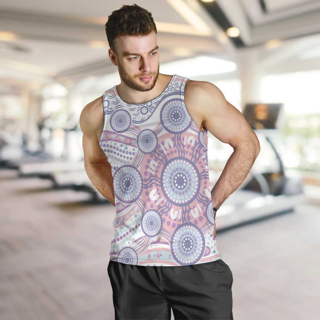 Australian Indigenous Aboriginal Art Men Tank Top Vivid Pastel Peach Purple