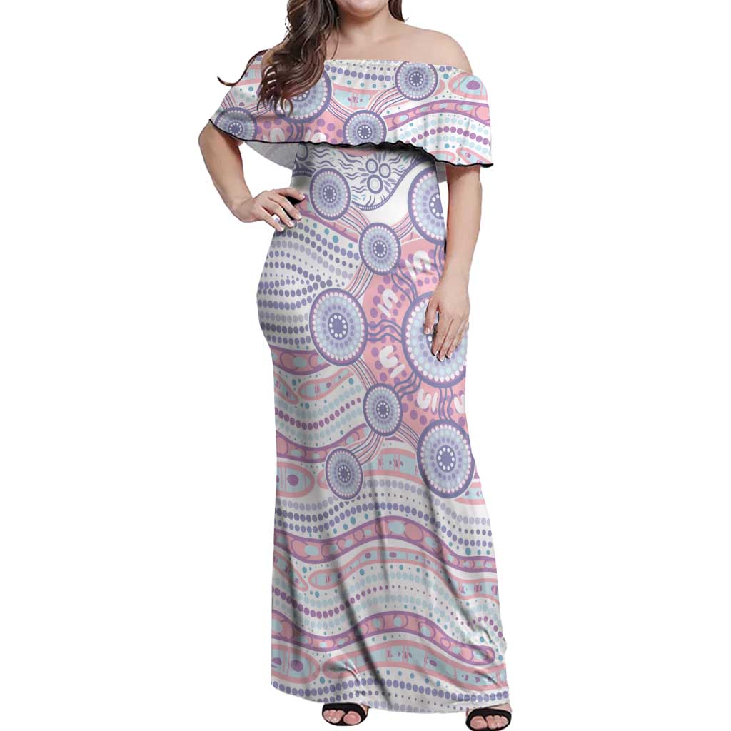 Australian Indigenous Aboriginal Art Off Shoulder Maxi Dress Vivid Pastel Peach Purple