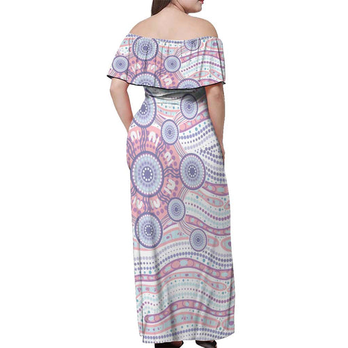 Australian Indigenous Aboriginal Art Off Shoulder Maxi Dress Vivid Pastel Peach Purple