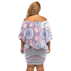 Australian Indigenous Aboriginal Art Off Shoulder Short Dress Vivid Pastel Peach Purple