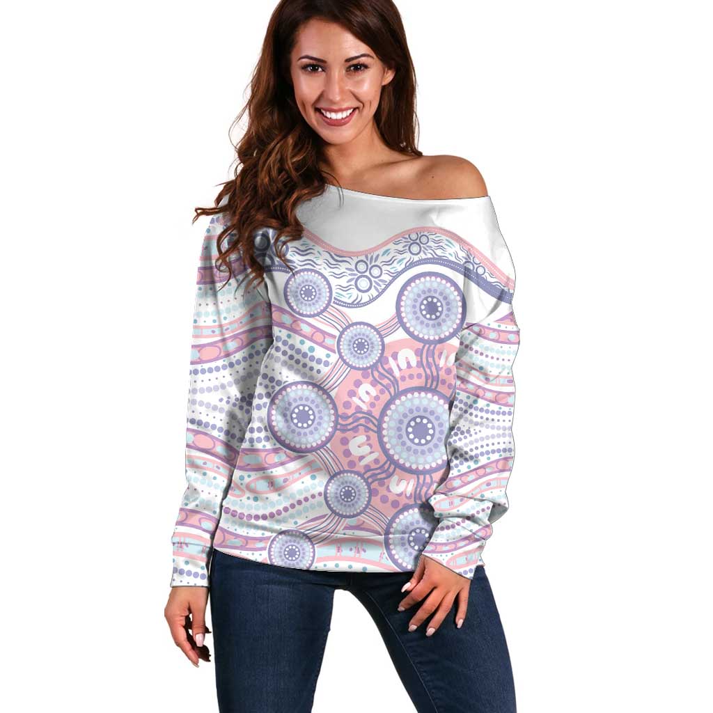 Australian Indigenous Aboriginal Art Off Shoulder Sweater Vivid Pastel Peach Purple