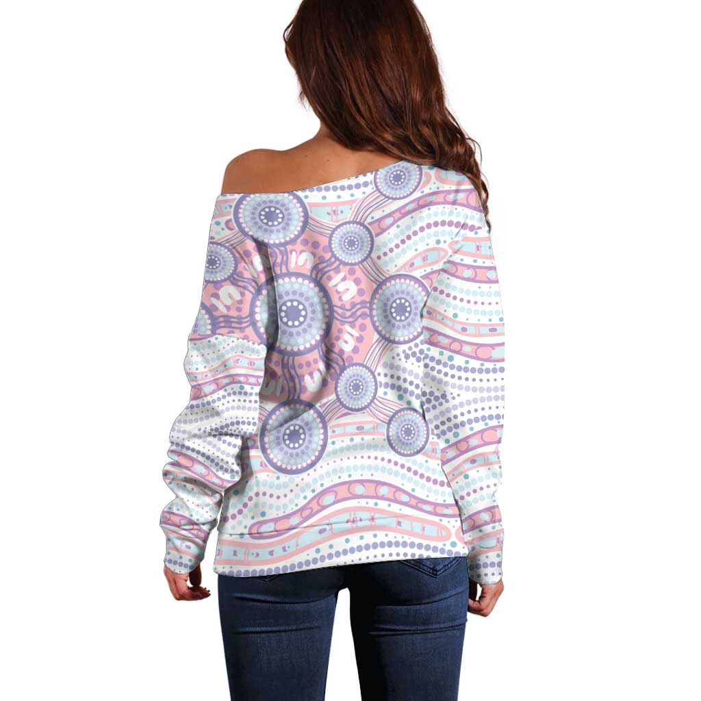 Australian Indigenous Aboriginal Art Off Shoulder Sweater Vivid Pastel Peach Purple