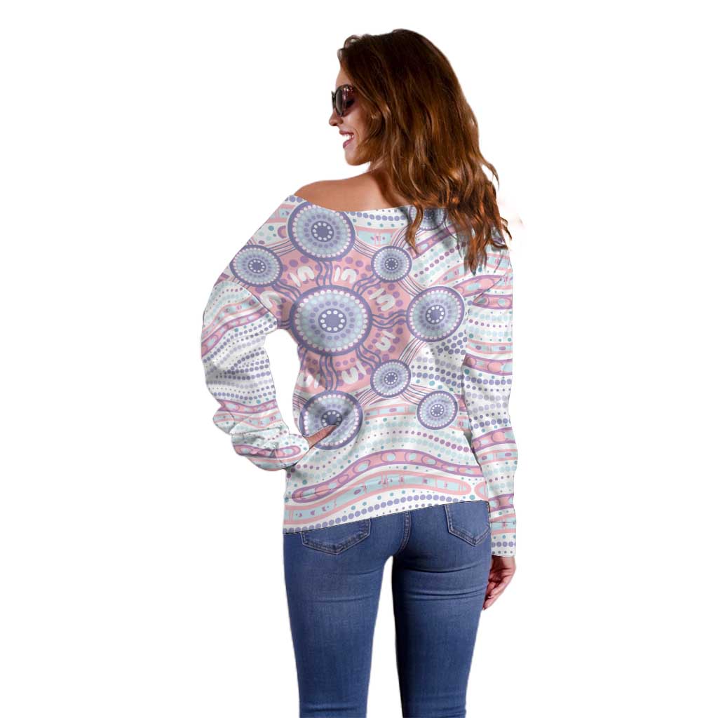 Australian Indigenous Aboriginal Art Off Shoulder Sweater Vivid Pastel Peach Purple