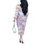 Australian Indigenous Aboriginal Art Off The Shoulder Long Sleeve Dress Vivid Pastel Peach Purple
