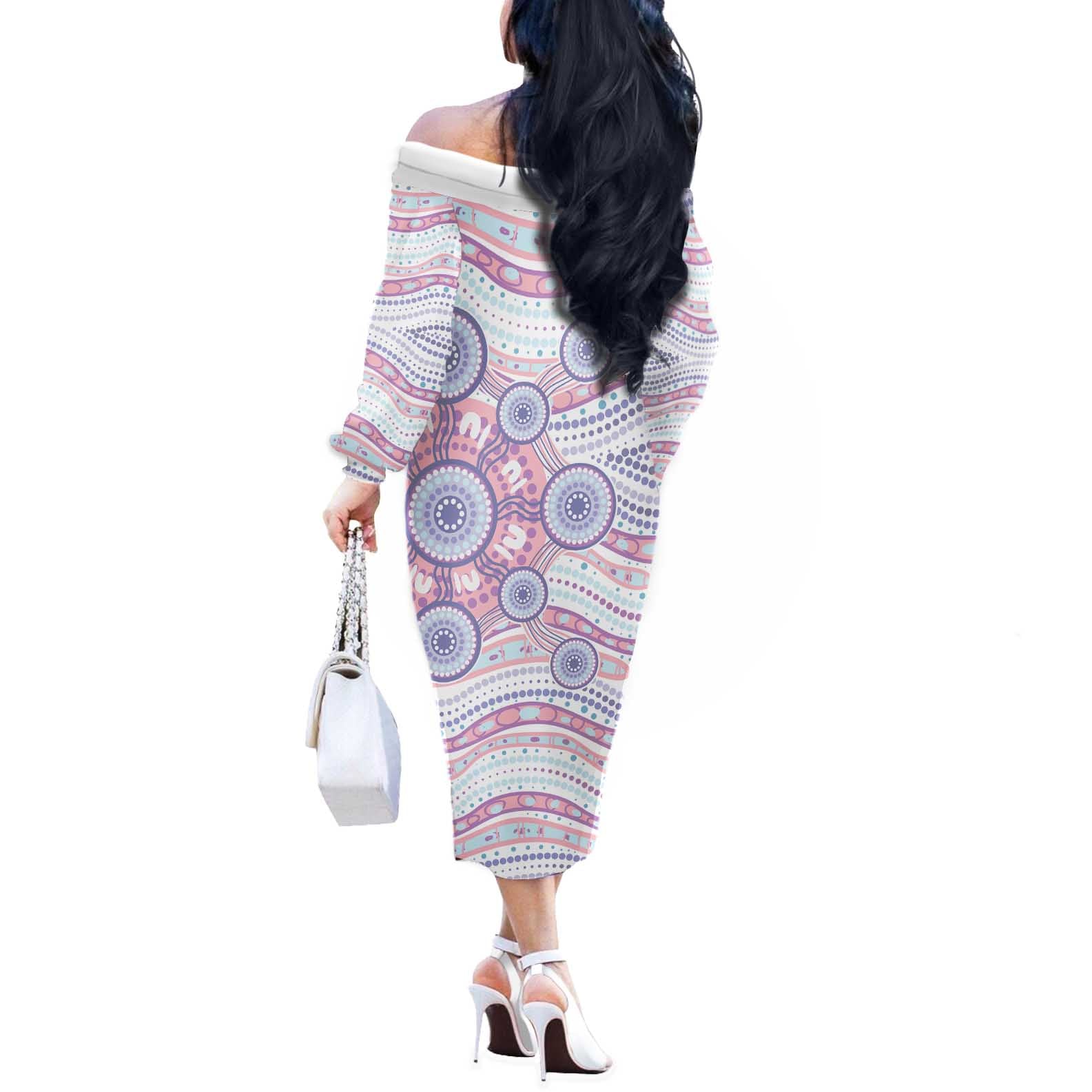 Australian Indigenous Aboriginal Art Off The Shoulder Long Sleeve Dress Vivid Pastel Peach Purple