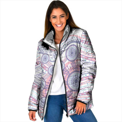 Australian Indigenous Aboriginal Art Padded Jacket Vivid Pastel Peach Purple