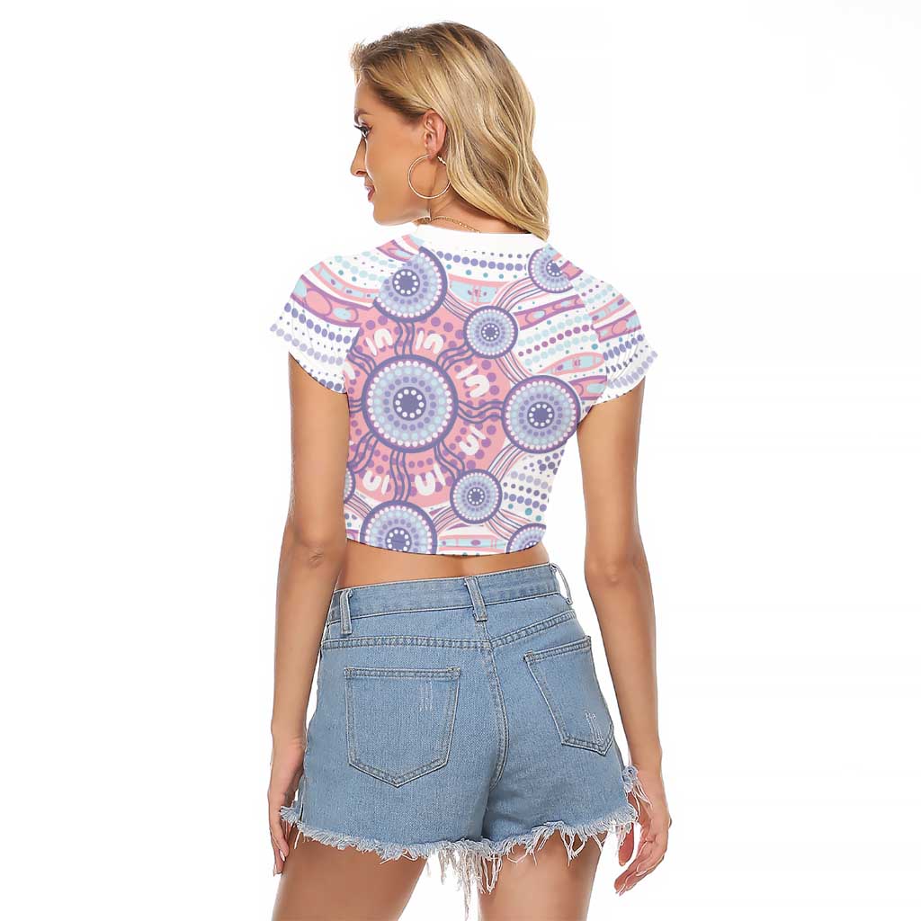 Australian Indigenous Aboriginal Art Raglan Cropped T Shirt Vivid Pastel Peach Purple