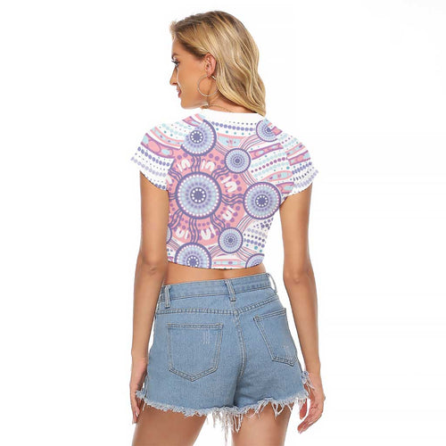 Australian Indigenous Aboriginal Art Raglan Cropped T Shirt Vivid Pastel Peach Purple