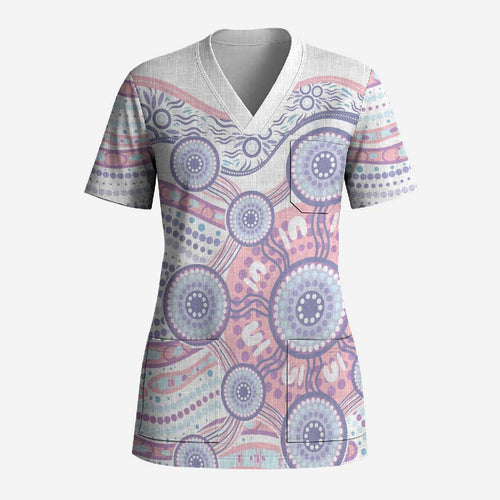 Australian Indigenous Aboriginal Art Scrub Top Vivid Pastel Peach Purple