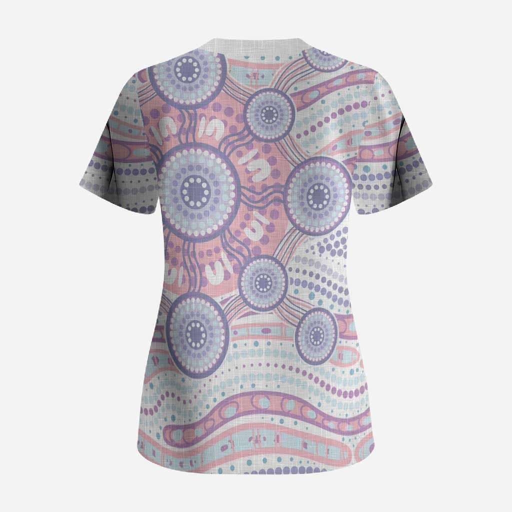 Australian Indigenous Aboriginal Art Scrub Top Vivid Pastel Peach Purple