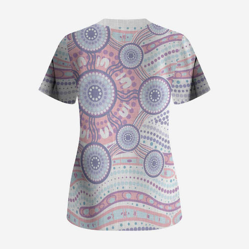 Australian Indigenous Aboriginal Art Scrub Top Vivid Pastel Peach Purple