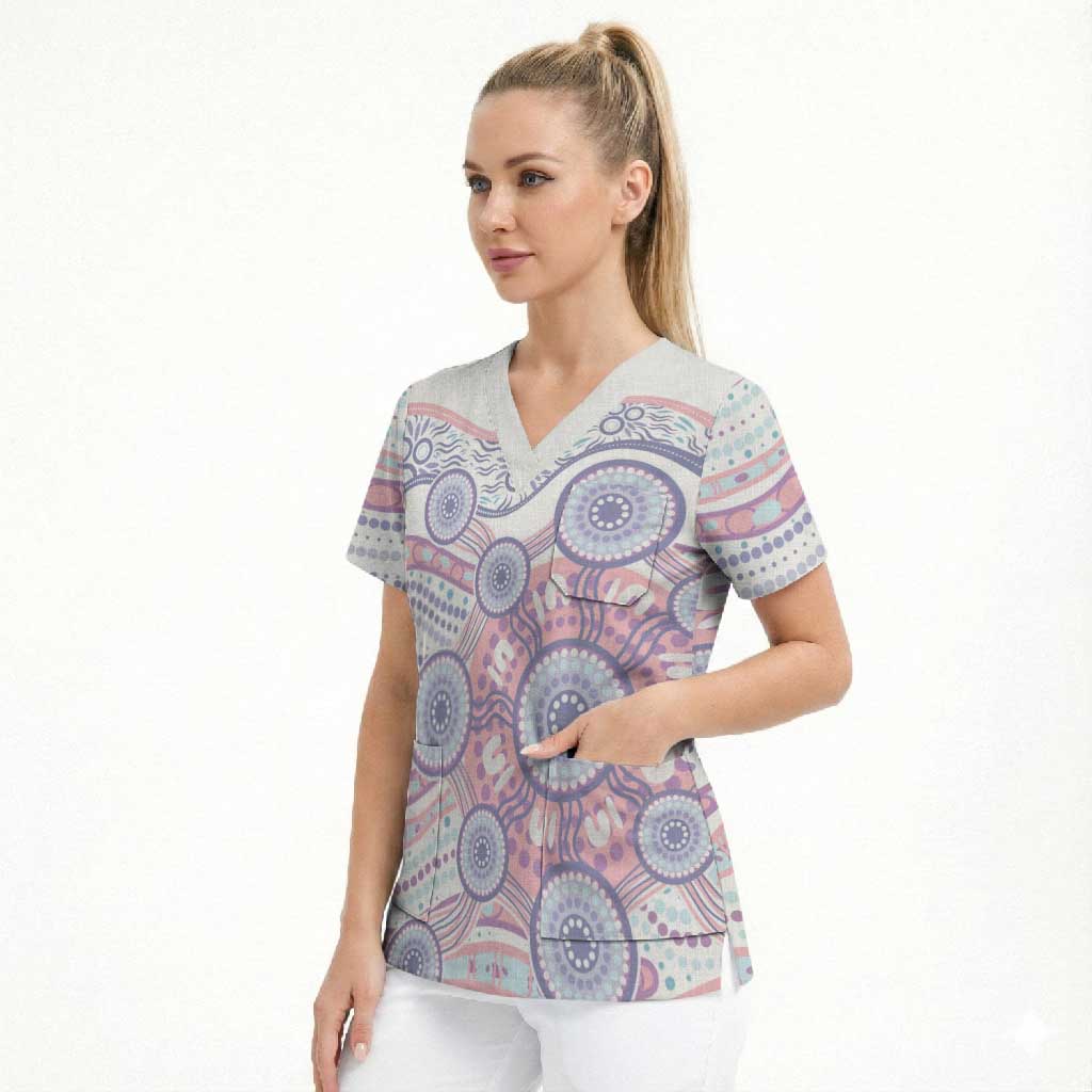 Australian Indigenous Aboriginal Art Scrub Top Vivid Pastel Peach Purple